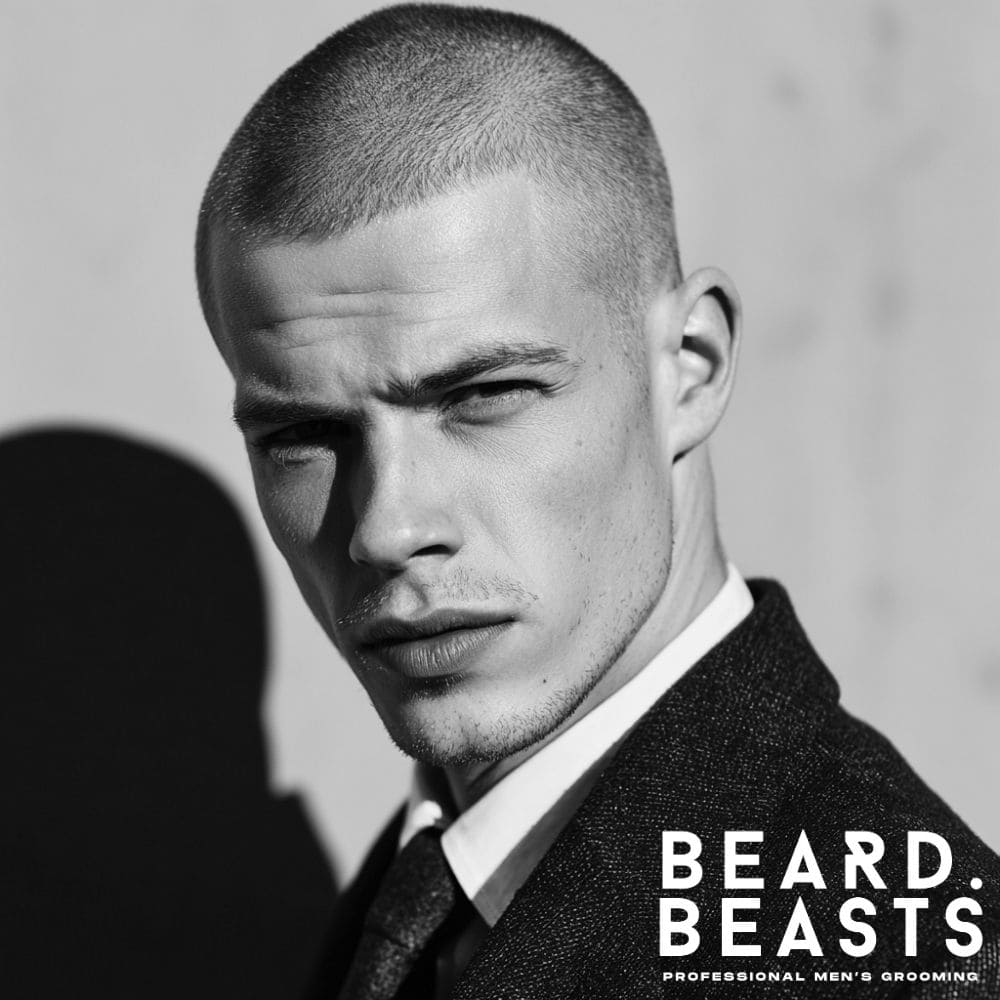 A man in a suit with a sharp, professional buzz cut hairstyle, showcasing a clean and minimalist look for the office.