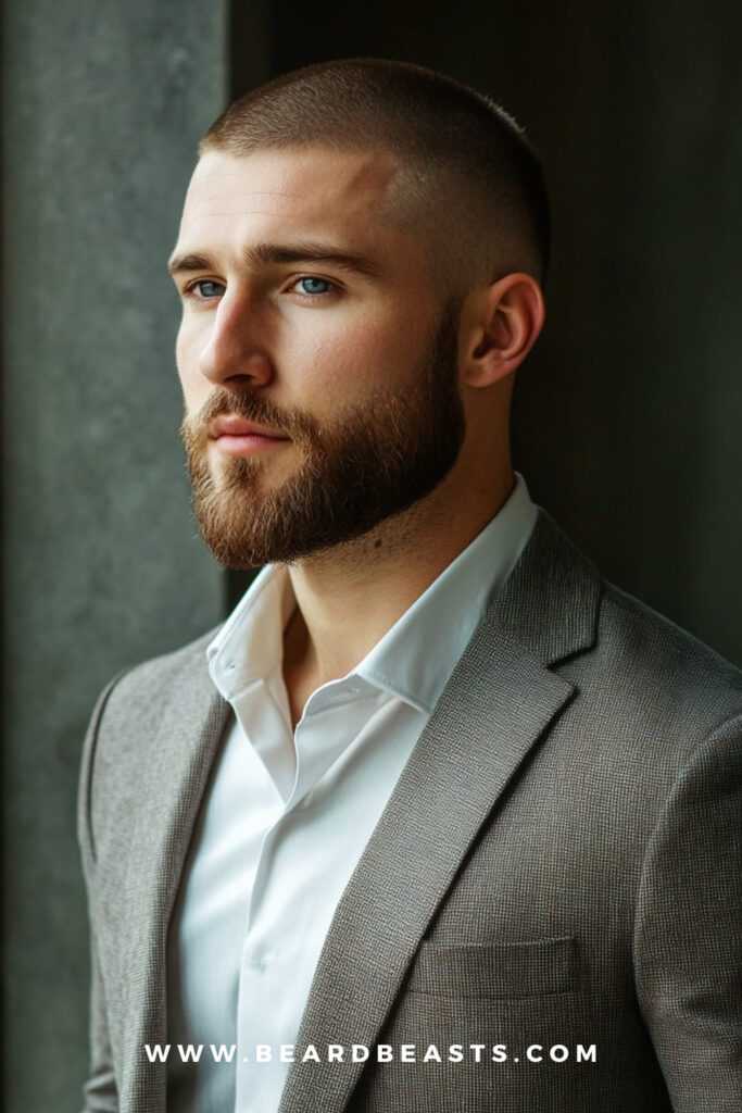 Side view of a man with a buzz cut and a full, well-groomed beard. This short hairstyle is perfect for men with round faces, as the beard adds angles and structure, creating a balanced and more elongated appearance. A simple yet sharp look for those seeking definition.