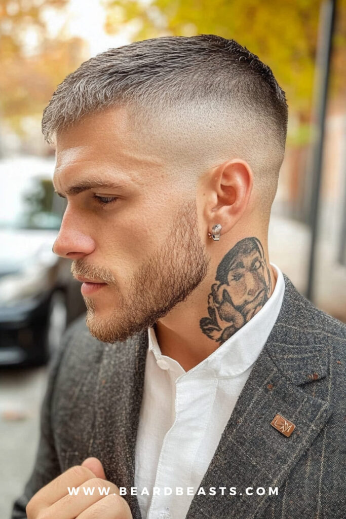 Side view of a man with a crew cut and a well-groomed beard, wearing a suit and showcasing a neck tattoo. This clean and structured look is one of the best short hairstyles for men with round faces, adding definition and balance.