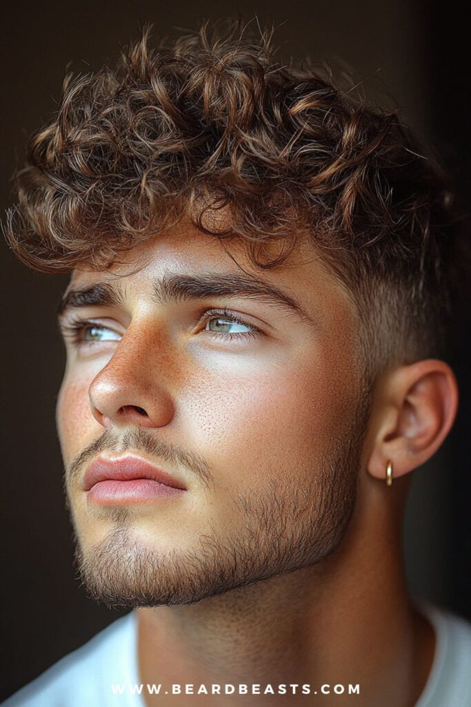 A young man showcases a trendy curly taper fade, ideal for men with thick curly hair. His rich, voluminous curls cascade effortlessly across his forehead, creating a soft and natural texture, while the sides are neatly tapered to give the hairstyle a clean and defined look. The subtle fade accentuates the contrast between the top's fullness and the gradually shortened sides, highlighting his sharp jawline.