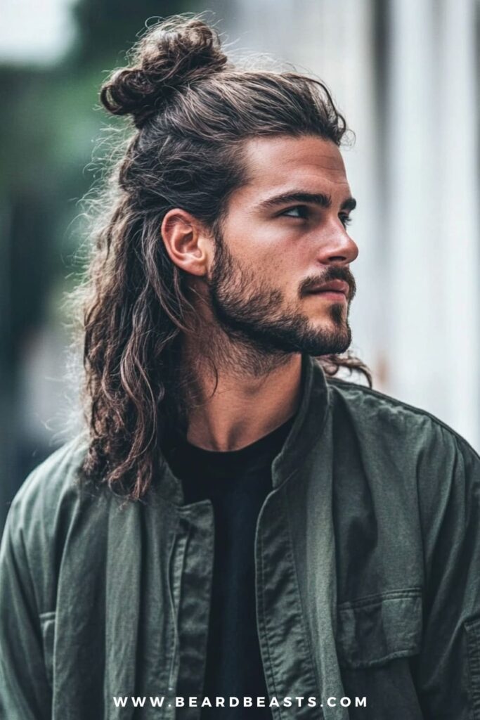 A man confidently sports a half-up, half-down hairstyle, a trendy choice among long hairstyles for men with thick hair. His thick, wavy locks are partially pulled back into a relaxed bun, while the rest flows freely, showcasing the natural texture and volume of his hair.