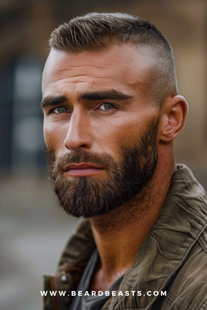 Close-up of a man with a high and tight haircut, complemented by a full, well-groomed beard. This combination is one of the best short hairstyles for men with round faces, as the sharp angles of the cut and the beard add definition and elongate the face.