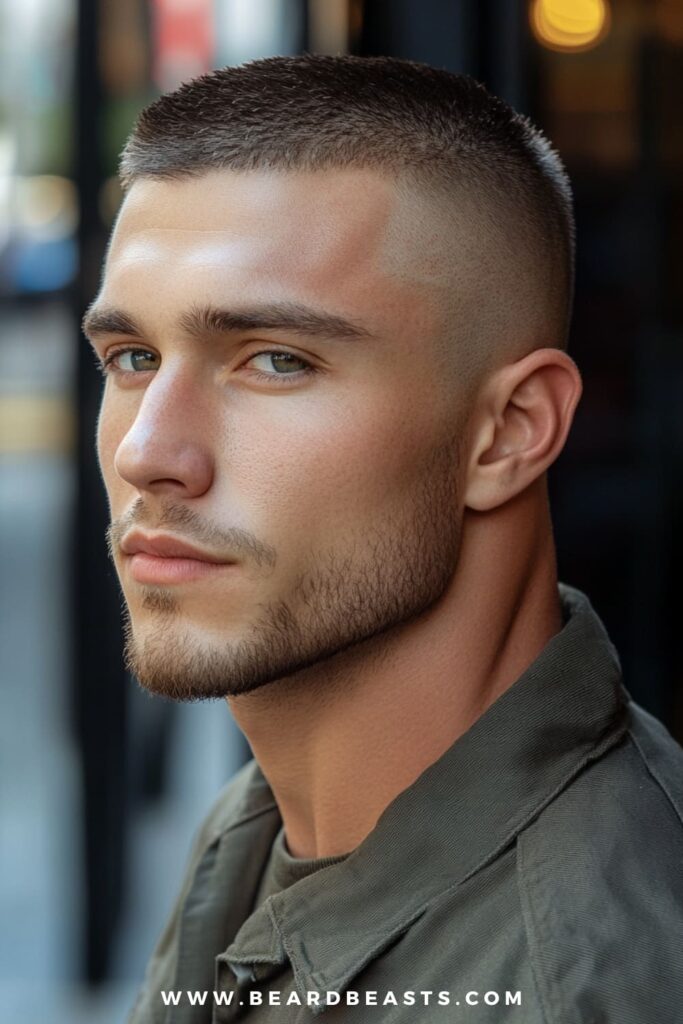 A young man with a sharp, well-defined high and tight haircut is captured in a close-up profile shot. His hair is closely shaved on the sides, with a slightly longer, neatly trimmed top that accentuates the clean lines of this military-inspired hairstyle.