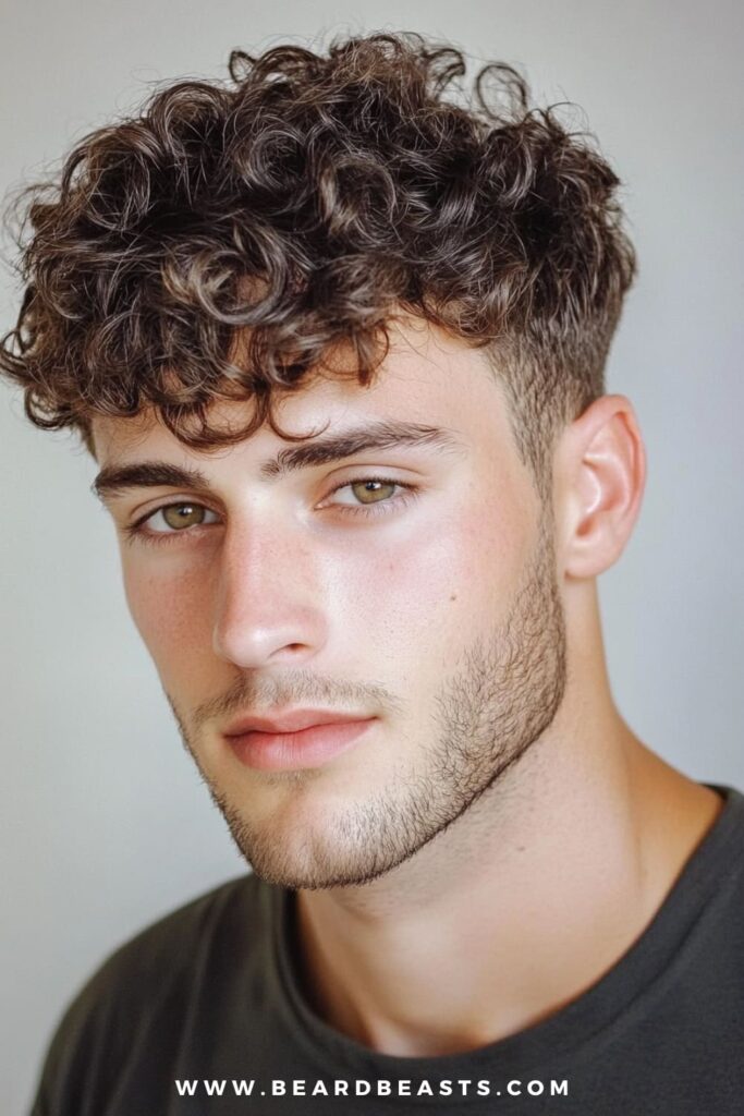 A man with stylish loose curls and a fade haircut is featured in this image, showcasing his curly hair styled with natural volume on top and a clean fade on the sides.