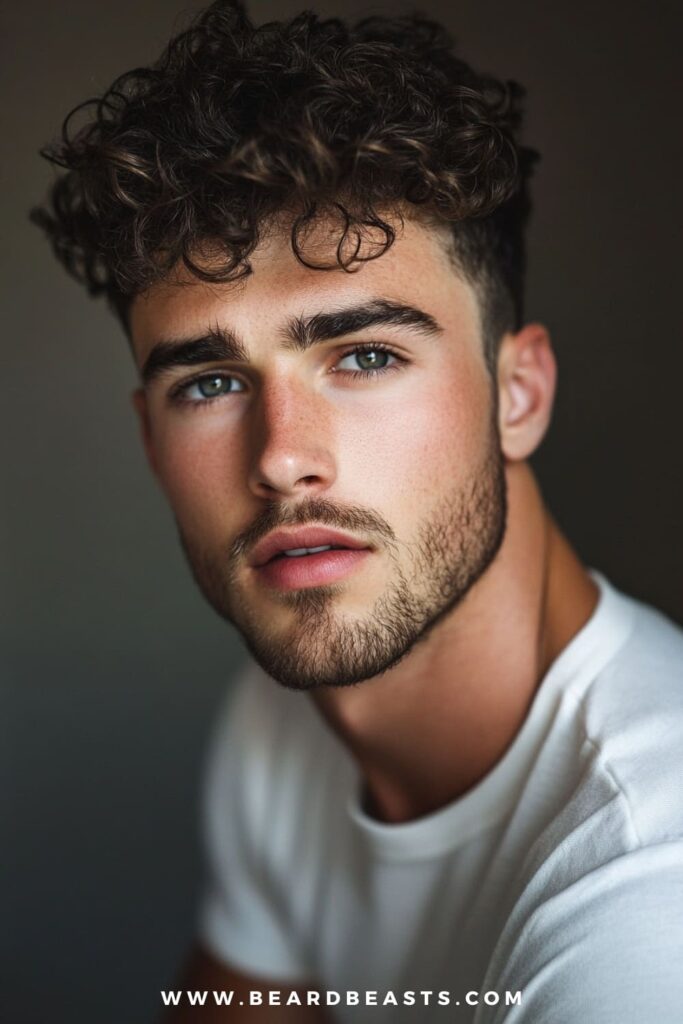 A man with a stylish curly undercut is featured in this close-up image, showcasing his thin curly hair styled with voluminous curls on top and a sharp fade on the sides. The undercut creates a strong contrast, highlighting the texture and fullness of the curls, making the hair appear thicker. This hairstyle for men with thin curly hair is perfect for enhancing natural curls while keeping the sides neat and defined. Paired with a neatly groomed beard, the look is modern, confident, and ideal for both casual and formal settings.