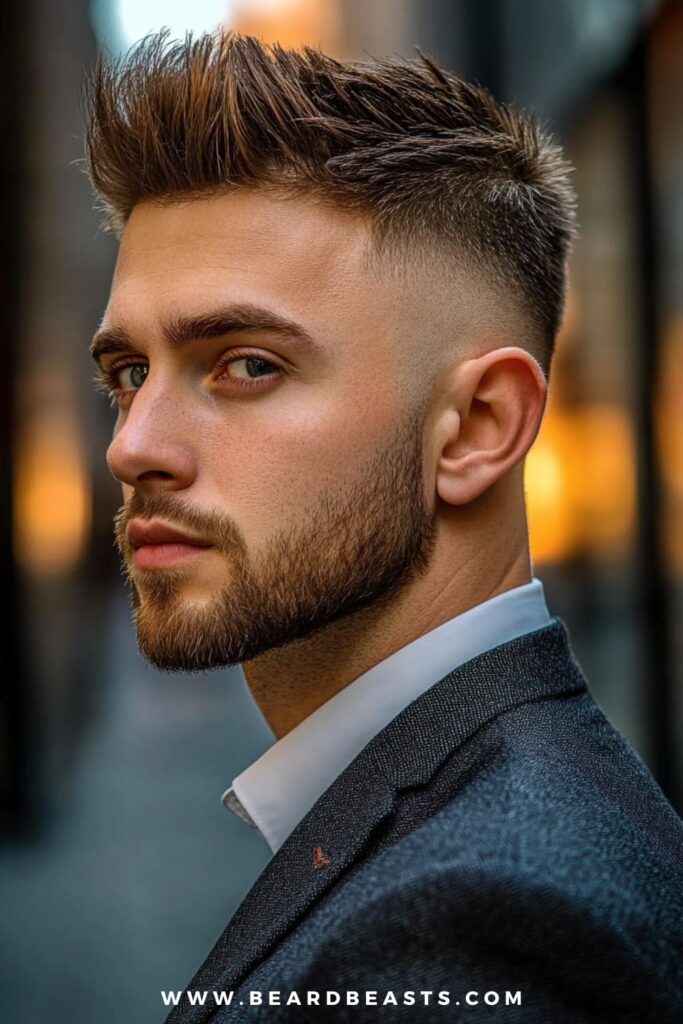 A young man confidently rocks a stylish faux hawk, one of the trendiest medium hairstyles for men with thick hair. His thick hair is spiked up at the top, creating the bold, textured look that defines the faux hawk. The sides are sharply faded, emphasizing the contrast and adding to the edgy, modern vibe of the hairstyle. He sports a well-groomed beard that complements his sharp facial features, and is dressed in a tailored suit jacket with a crisp white shirt, balancing the edgy hairstyle with a polished, sophisticated look.