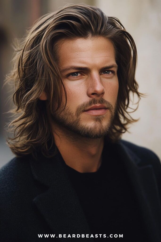 A young man confidently showcases a layered, shoulder-length hairstyle, one of the most popular long hairstyles for men with thick hair. His thick, wavy hair flows naturally, with subtle layers adding movement and texture. The style emphasizes his rugged yet refined appearance, complemented by a neatly trimmed beard. Dressed in a dark jacket over a black shirt, he exudes a cool, laid-back vibe that perfectly matches his long, flowing locks.
