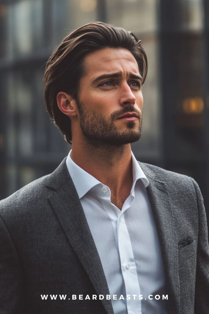 A man with a slicked-back long hairstyle and a well-groomed beard. This is one of the best long hairstyles for men with round faces, as the slicked-back look adds length and structure, helping to create a more angular appearance and complement facial features. Ideal for a sharp and refined look.