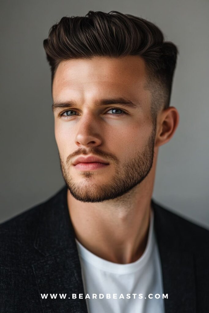 Close-up of a man with a stylish quiff and light stubble. This hairstyle adds volume on top helps elongate the face while the tapered sides provide a sharp and balanced look. Ideal for creating a more defined facial structure.