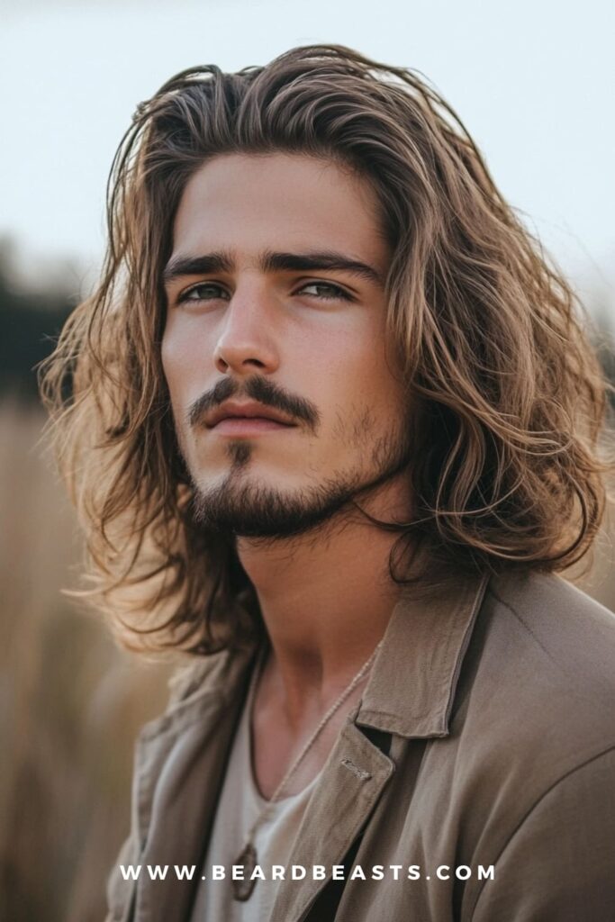 Close-up of a man with shoulder-length wavy hair and light facial hair. This is one of the best long hairstyles for men with round faces, as the natural waves add movement and volume, helping to elongate the face while maintaining a relaxed, stylish look. Perfect for enhancing facial structure.