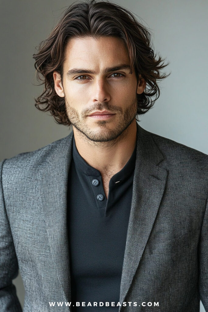 A man confidently displays shoulder-length waves, a stylish example of long hairstyles for men with thick hair. His thick, wavy locks flow naturally, adding volume and texture that complement his strong facial features. He is dressed in a grey blazer over a black shirt, combining a professional look with a laid-back, effortlessly cool hairstyle. The neutral background keeps the focus on his well-groomed hair and intense gaze, while the image is branded with a website link at the bottom.