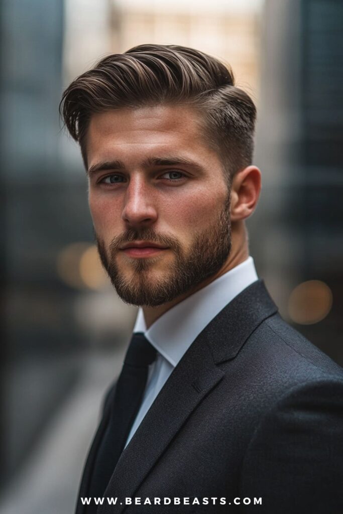 A young man exudes confidence with a perfectly styled side part, captured in a close-up shot. His thick hair is neatly combed to the side, showcasing the clean lines and natural volume of his hairstyle. The sides are tapered, blending seamlessly into the longer top, which adds a refined and sophisticated look.
