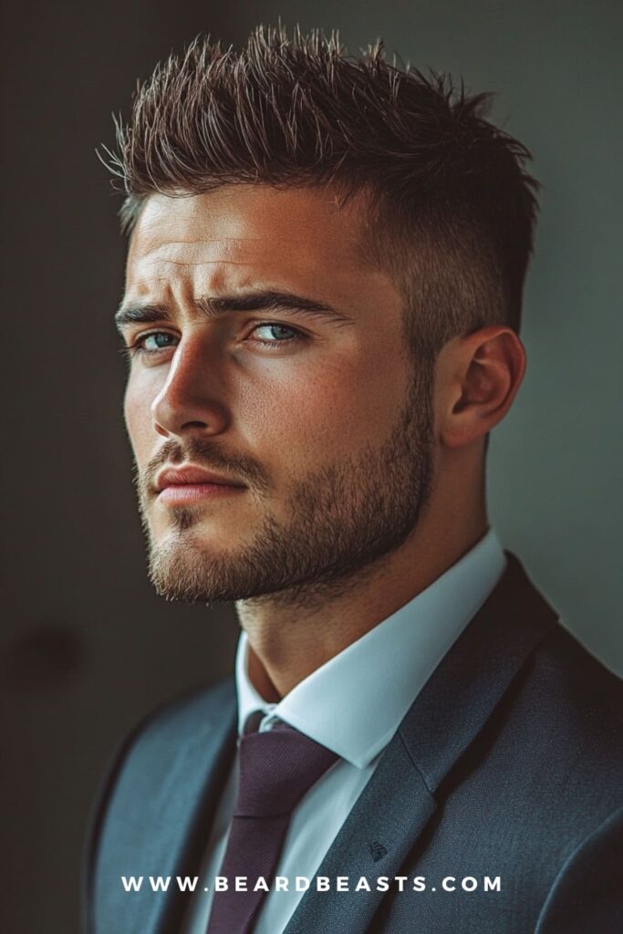 Side view of a man with spiky hair and light stubble. The spiked texture adds height and sharp angles, helping to elongate and define facial features for a more balanced look.