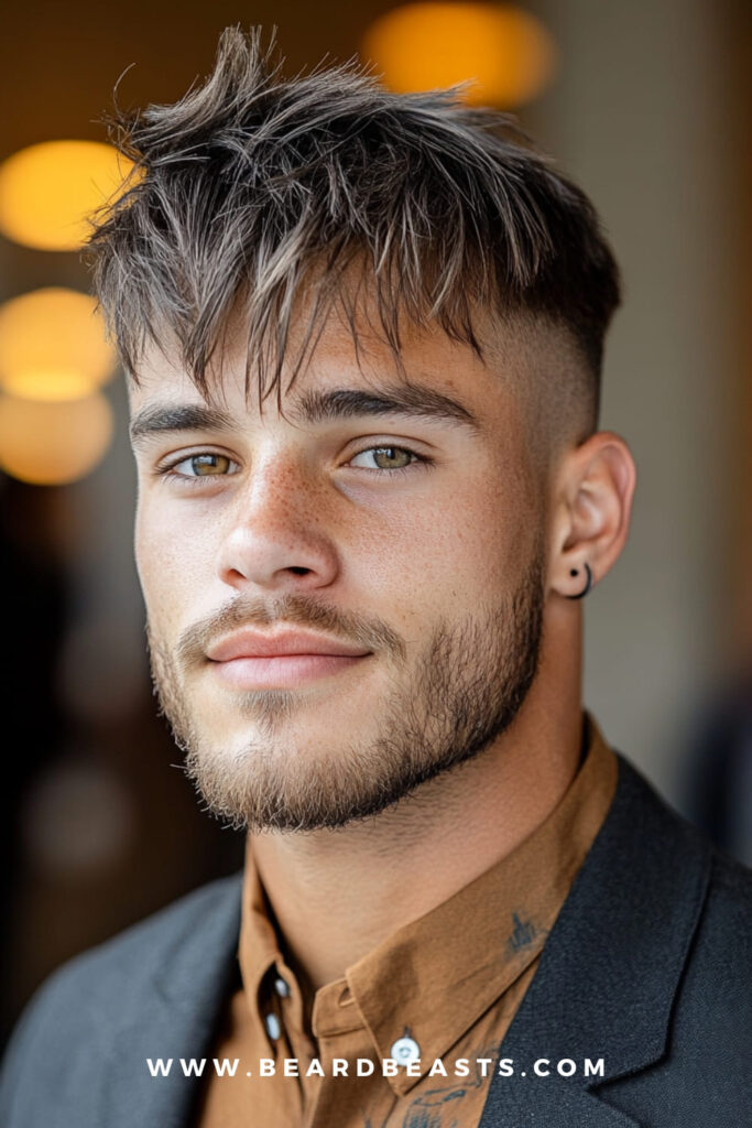 Close-up of a man with a textured crop haircut and light facial hair. This is one of the best medium-length hairstyles for men with round faces, as the messy texture on top adds height and movement, helping to elongate the face while maintaining a modern, stylish look. Ideal for creating a balanced appearance.