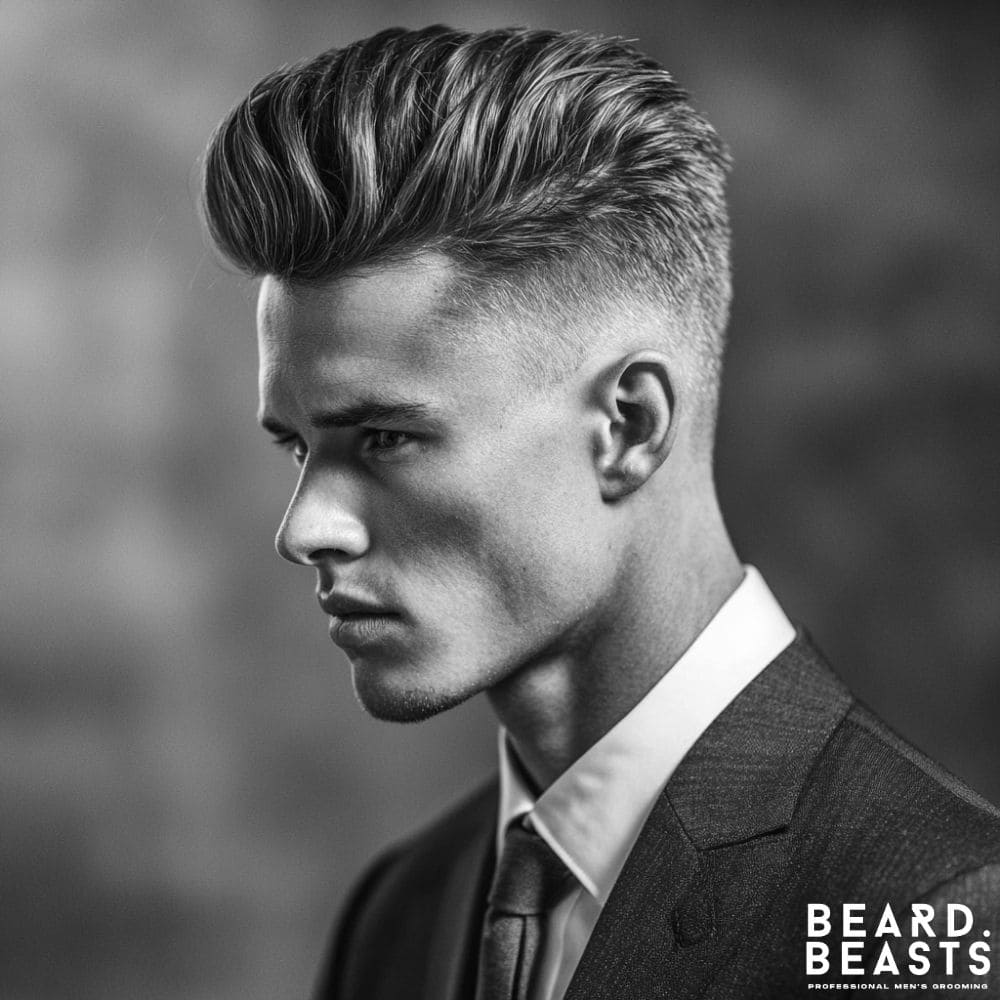 A professional man with a modern pompadour fade, featuring high-volume, swept-back hair on top for a stylish and confident business look.