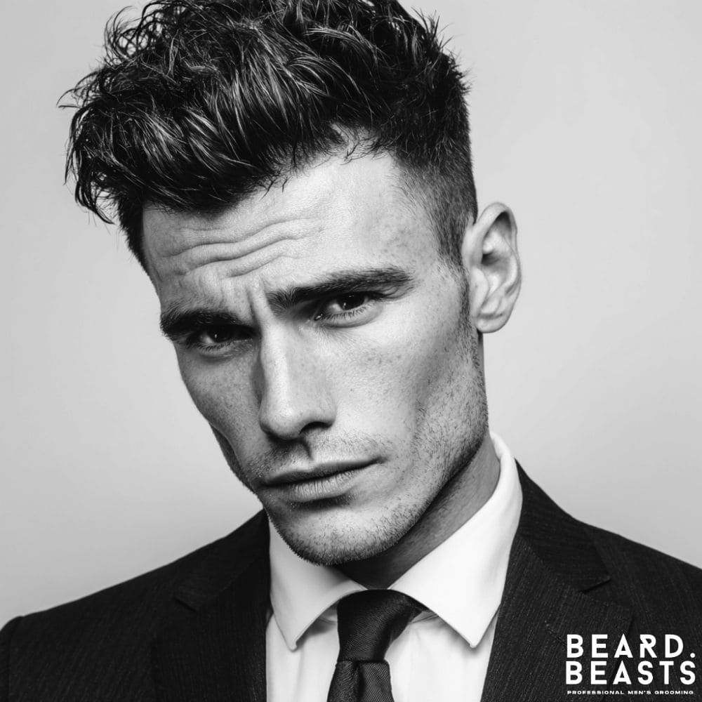 A professional man with a modern textured quiff haircut, styled with volume and flow for a confident and stylish business look.