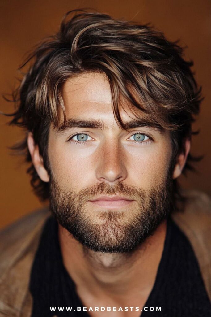 A man with a stylish shag haircut is featured in this image, showcasing his thin wavy hair styled with layers and texture. The natural waves fall effortlessly around his face, adding volume and movement, while the layers create depth, making the hair appear fuller. This hairstyle for men with thin wavy hair is perfect for achieving a relaxed, yet fashionable look. Paired with a well-groomed beard and a casual outfit, the shag cut gives off a laid-back vibe while maintaining a sense of modern style and confidence.