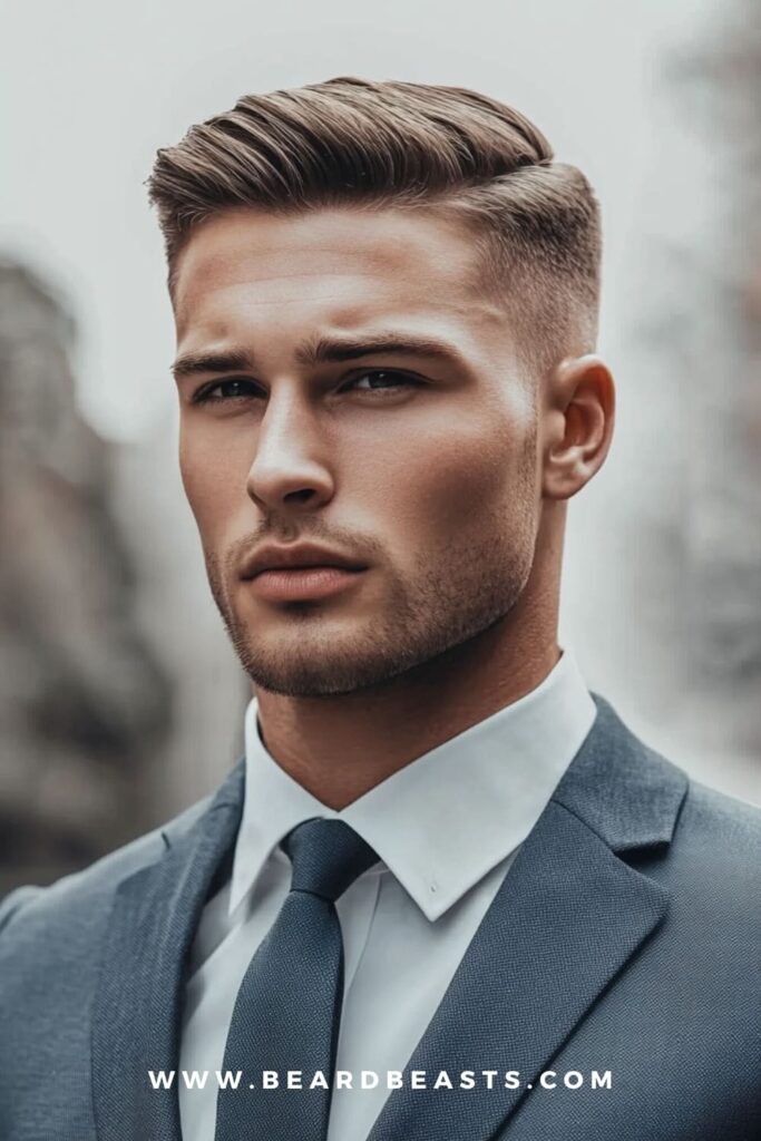 Close-up of a man with a sleek side part hairstyle and light stubble. This classic look adds definition and structure while elongating the face for a more balanced appearance.
