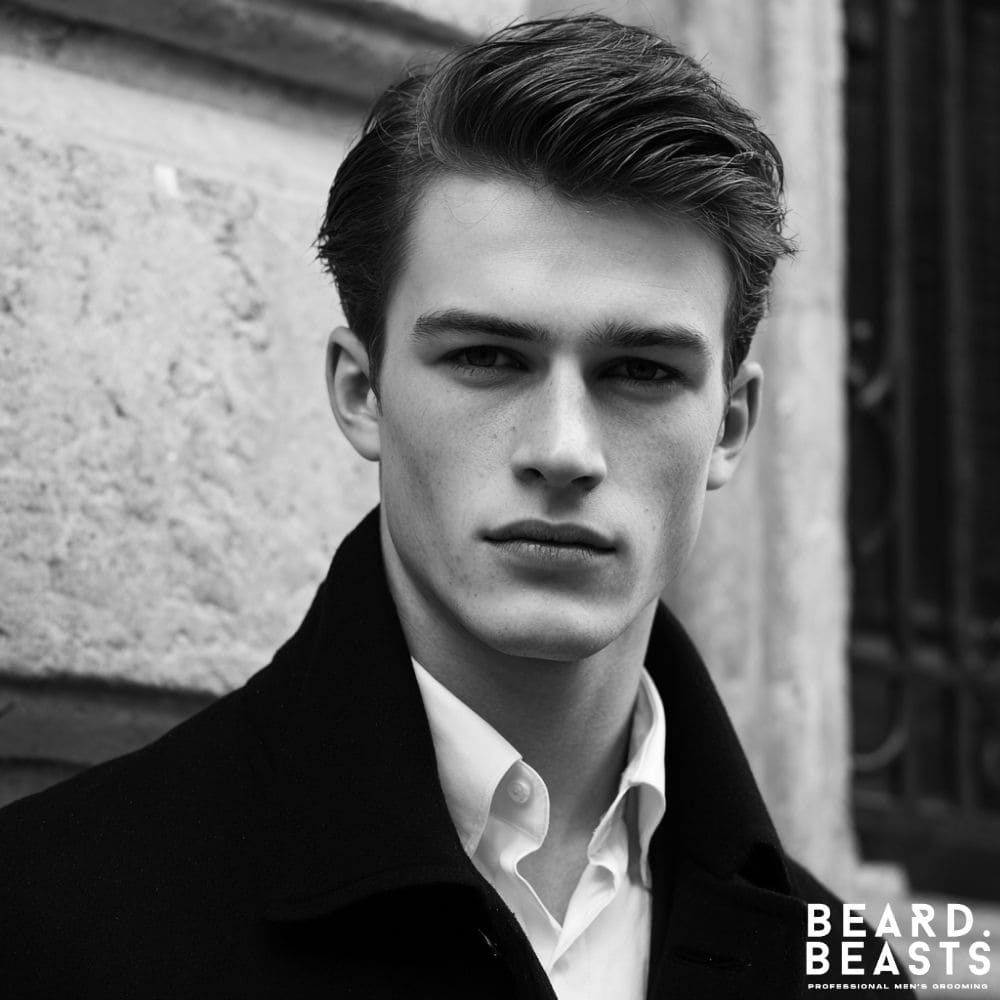 A professional man with a classic side part hairstyle, featuring neatly combed hair and tapered sides for a timeless business look.