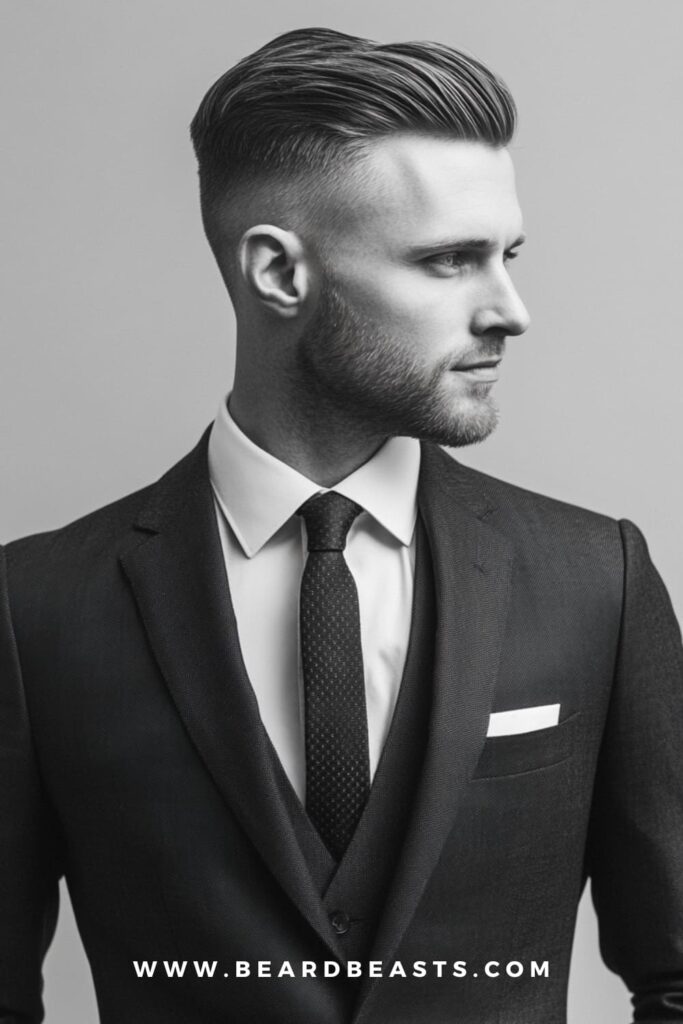 A professional man with a modern slick back hairstyle, featuring an undercut fade and expertly styled hair for a sharp business look.