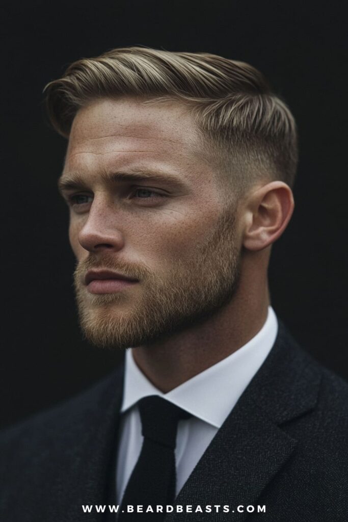 A man confidently displays a classic side part, one of the timeless hairstyles for men with thick straight hair. His thick, straight hair is neatly combed to the side, highlighting the clean lines and natural volume of the style. The sides are tapered, adding to the polished and refined look.