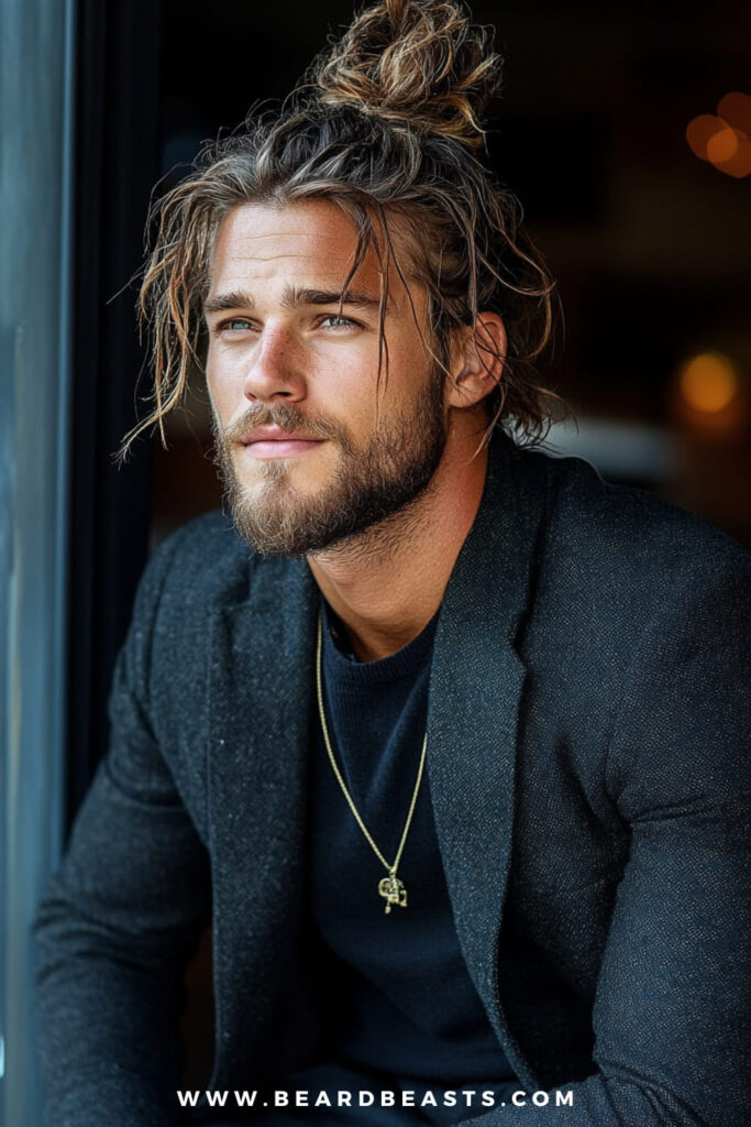 A man casually sports a messy man bun, with loose strands of hair framing his face, creating a relaxed and effortlessly cool look. His hair is pulled back into a high, slightly tousled bun, adding to the laid-back, carefree vibe of his style.