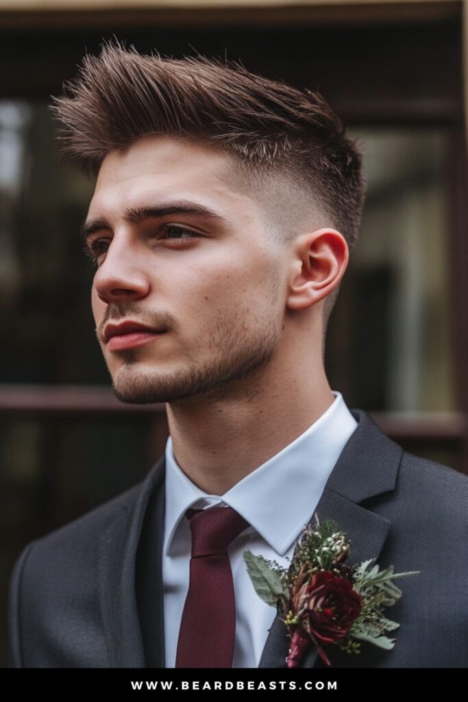 A groom with a modern Spiky Hair hairstyle, one of the most popular men's wedding hairstyles. His hair is styled with sharp, defined spikes that add texture and volume, creating a trendy and confident look. Paired with a well-groomed beard, this hairstyle exudes a youthful yet sophisticated vibe. Dressed in a tailored suit with a classic white shirt, he is the perfect blend of edgy and elegant, making this style a great choice for a contemporary wedding setting.
