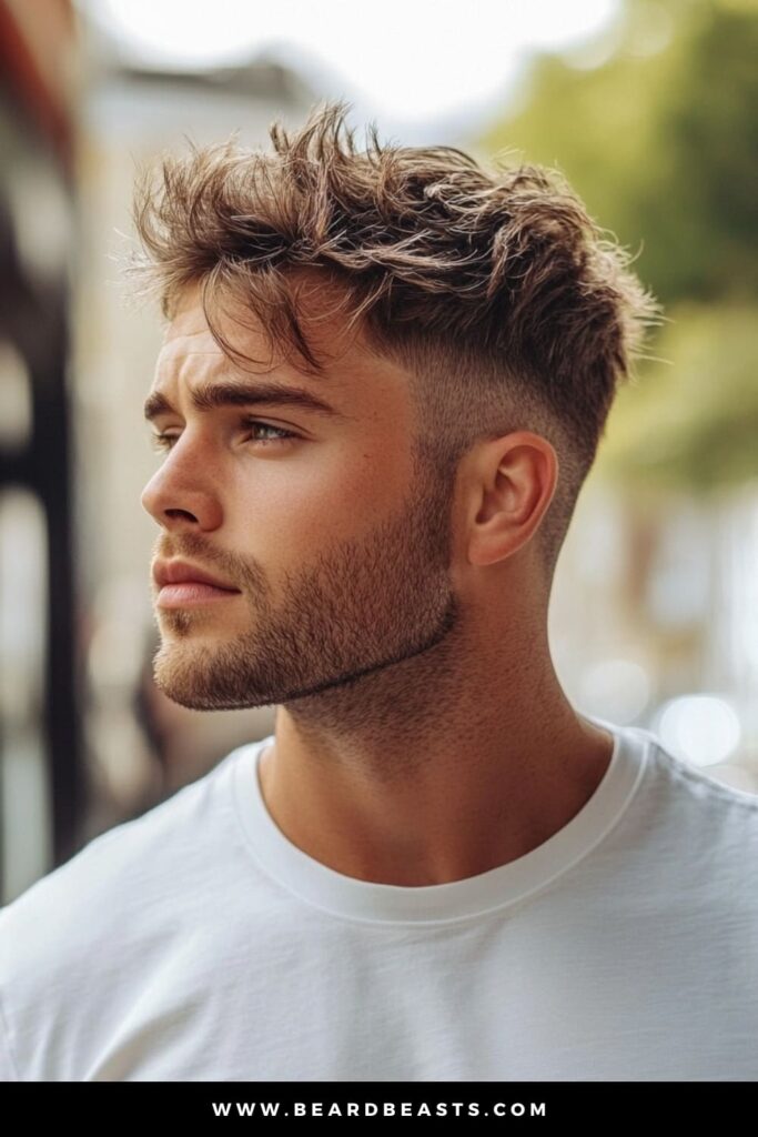 Side profile of a young man with a Wavy Textured Top with Mid Fade, a trendy style in men's short on sides, long on top haircuts. The wavy, tousled top adds a natural, relaxed texture, while the mid fade on the sides creates a smooth, modern contrast, making it an ideal choice for those who want a casual yet stylish look.