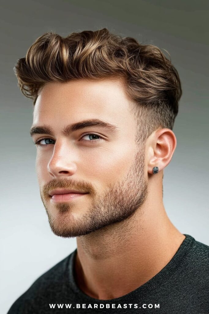 A man with a stylish wavy top and short sides hairstyle is featured in this image, showcasing neatly trimmed sides and voluminous waves on top.