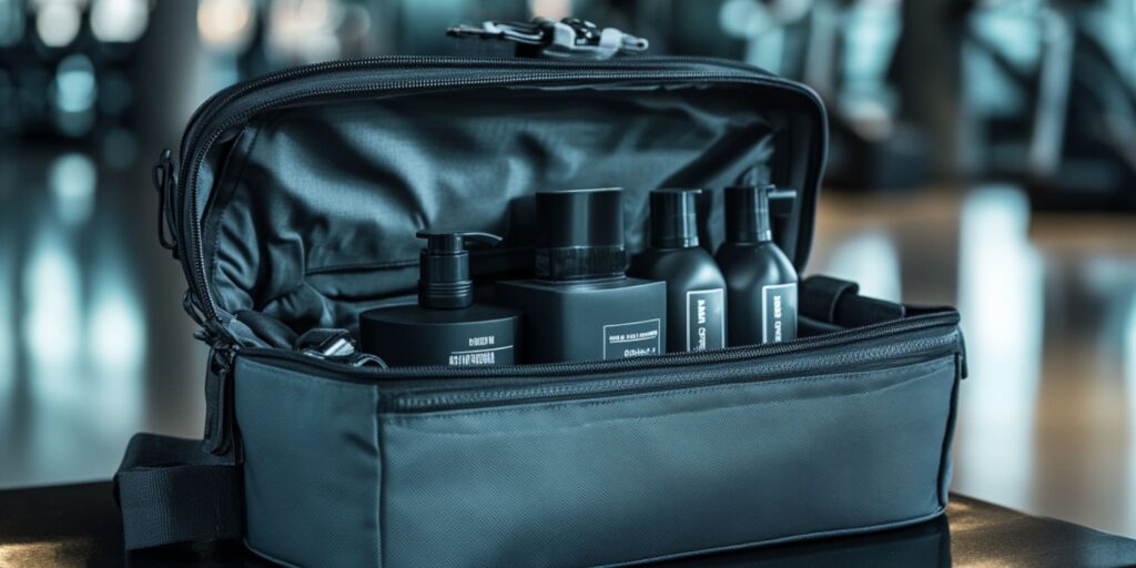 A grooming kit filled with men's hygiene products, including lotions, shampoos, and body wash. The image emphasizes the importance of choosing the right grooming products for personal care.