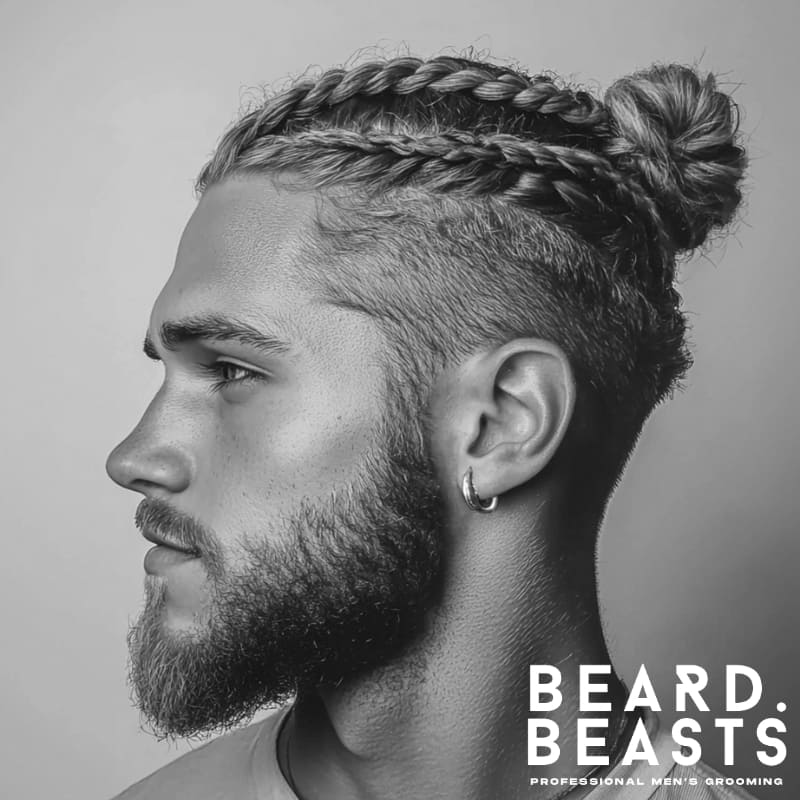 Side profile of a man with a braided man bun and faded sides, featuring tight cornrows and a full beard—a bold, modern hairstyle for men in 2025.