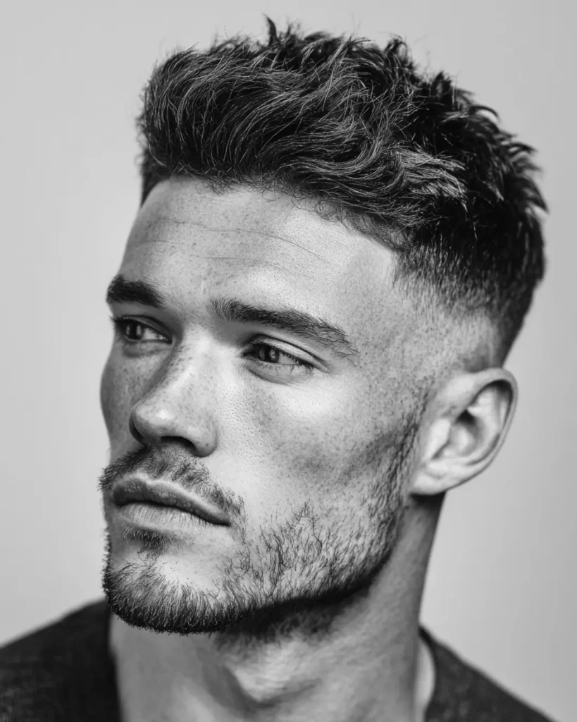 Brush up fade haircut with lifted textured hair on top and faded sides, showing a medium hairstyle option for men with round faces.