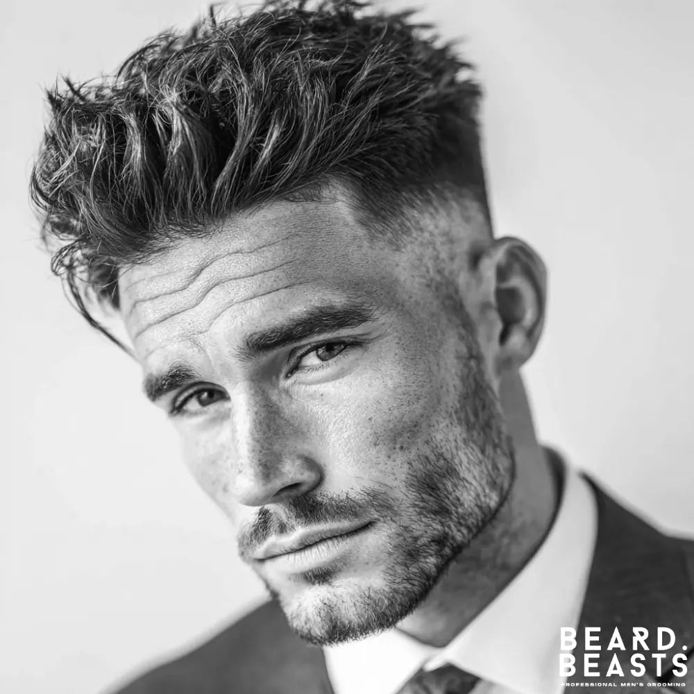 A professional man with a modern brush up hairstyle, featuring a high skin fade and textured volume for a sharp business look.
