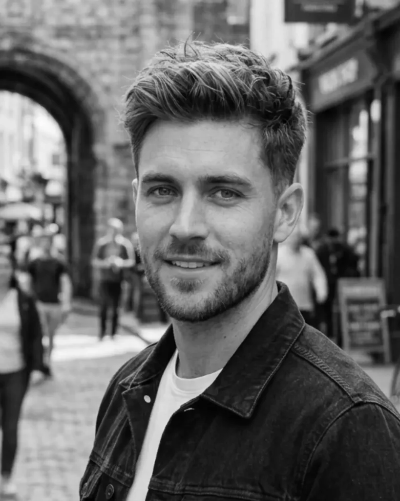 brushed up taper hairstyle for square face, side profile portrait