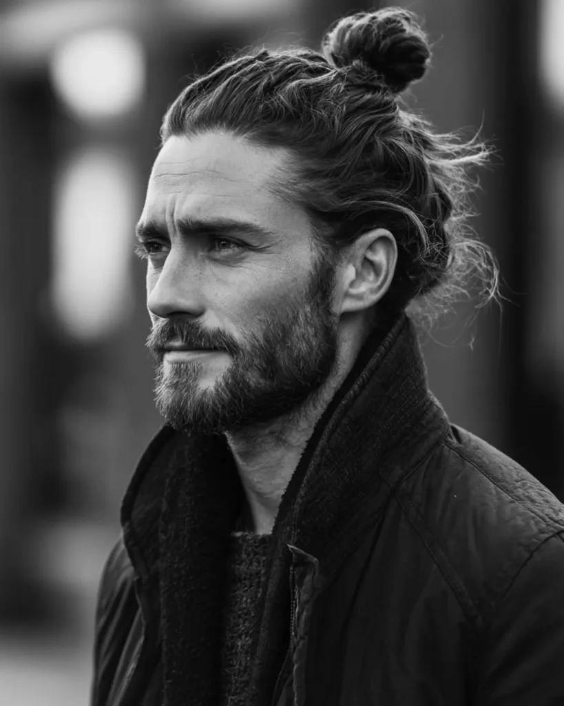 classic full man bun hairstyle tied at the crown, side profile with beard