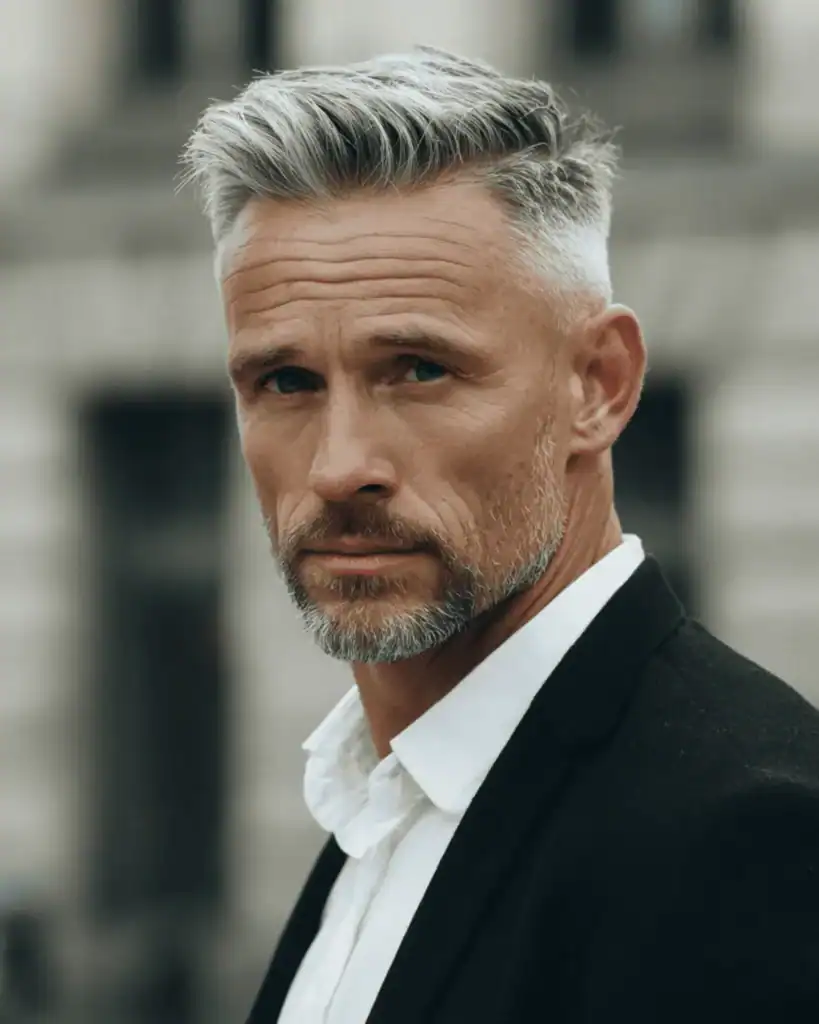 A distinguished older man with silver hair wearing a classic taper haircut, featuring neatly scissor-cut sides and a controlled, side-swept top for a professional look.