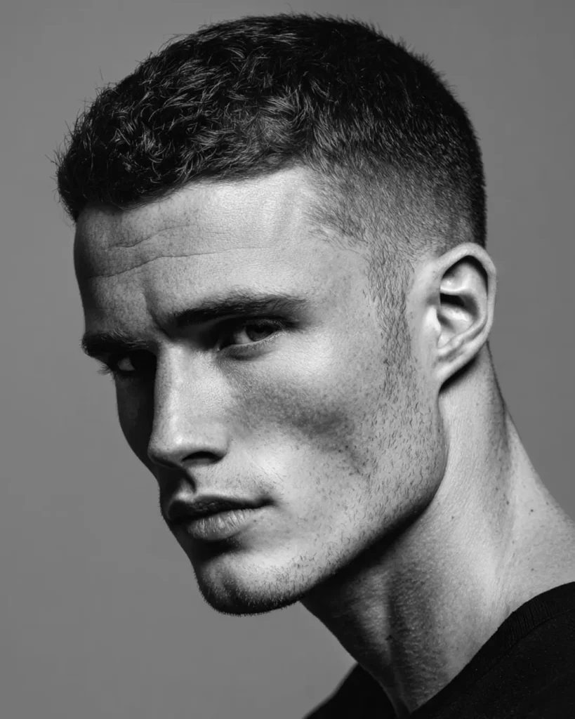 Crew cut fade with short textured hair on top and faded sides, showing a short hairstyle option for men with round faces.