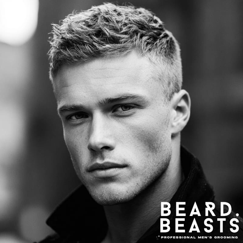 Black and white portrait of a man with a neat crew cut, slightly longer on top, a classic and low-maintenance men's haircut for square face shapes.