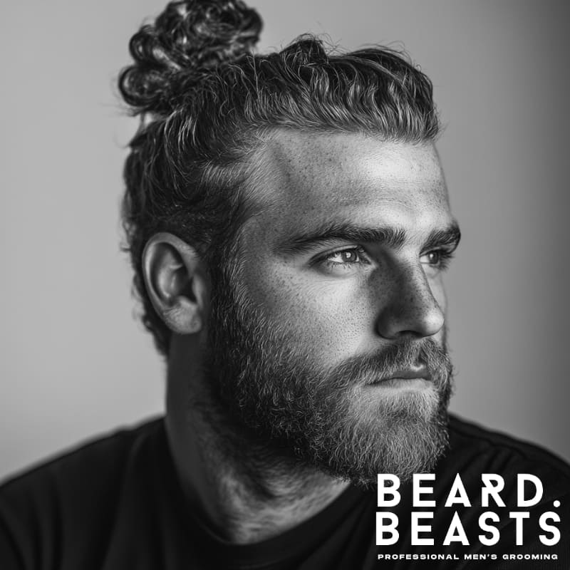 Side profile of a man with a curly man bun and full beard, highlighting a modern men’s hairstyle that balances natural texture and control.