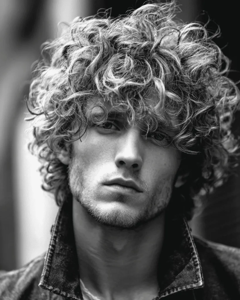 Portrait of a man with a curly shaggy hairstyle featuring heavy layers to reduce bulk