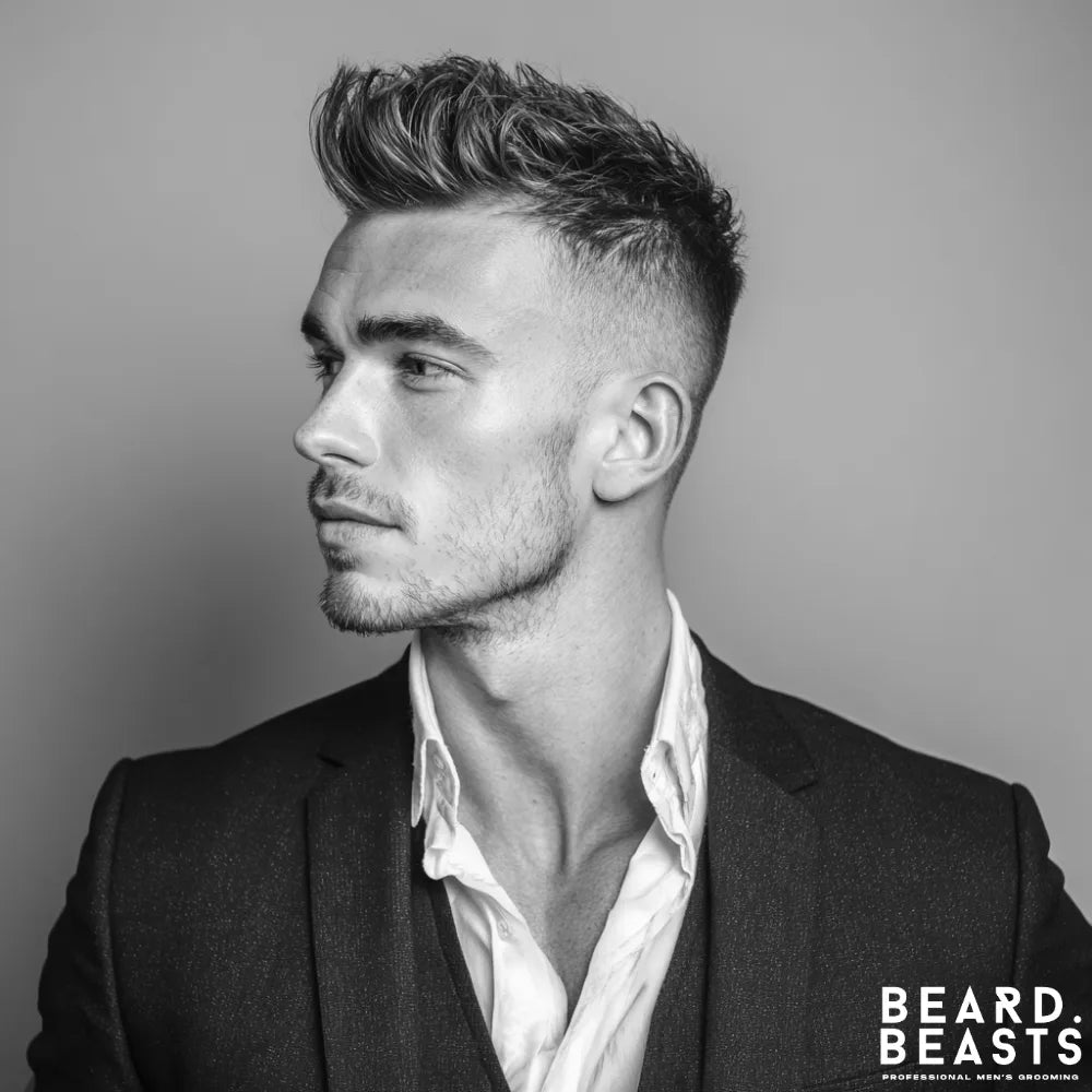 A man in a suit with a professional faux hawk fade, featuring textured, swept-up hair for a stylish and modern business look.