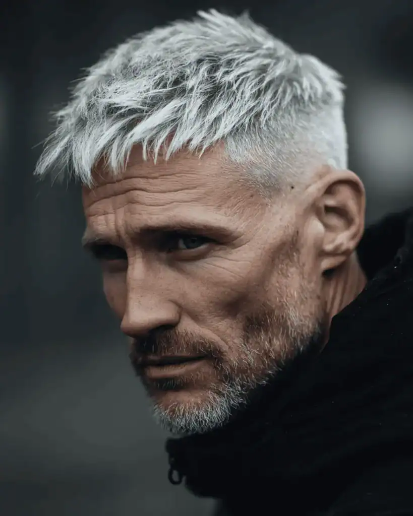 A close-up of a silver-haired older man with a textured French Crop haircut, featuring hair styled forward into a choppy fringe to conceal a receding hairline.