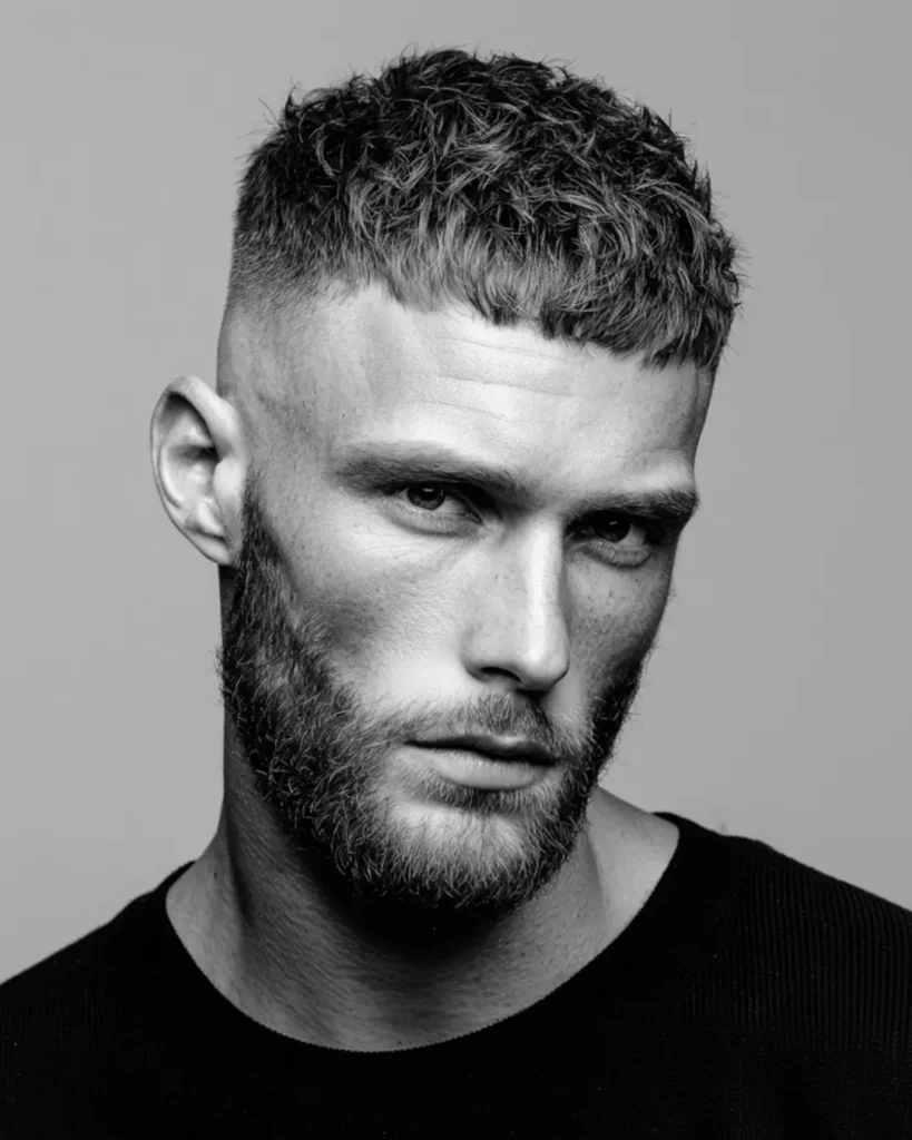 French crop haircut with a textured fringe, faded sides and short beard, showing a short hairstyle option for men with round faces.