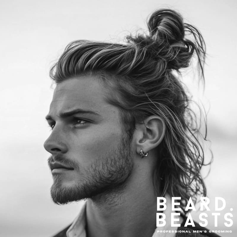 Side view of a man with a half-up man bun and flowing wavy hair, styled with a relaxed top knot and natural texture—ideal for medium to long hair.