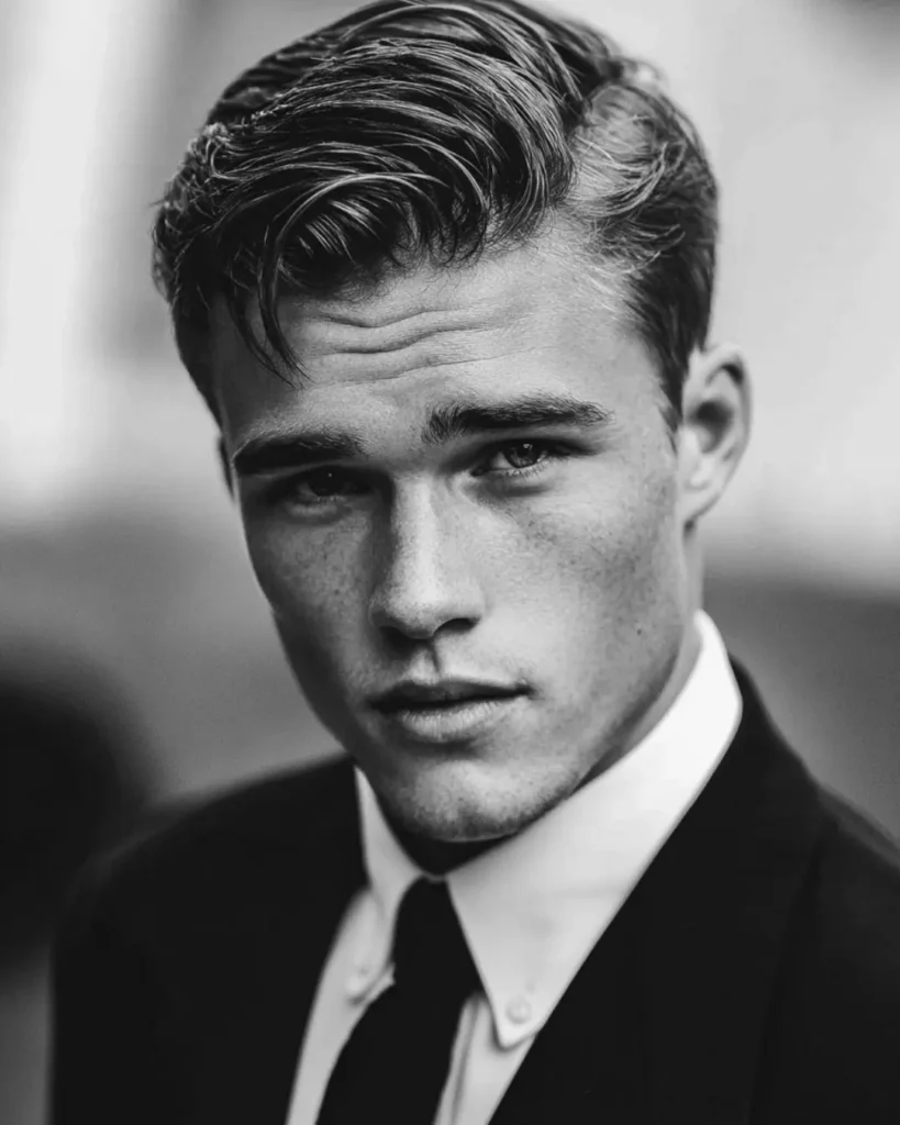 Ivy League haircut with side-swept volume on top and shorter sides, showing a smart short hairstyle option for men with round faces.