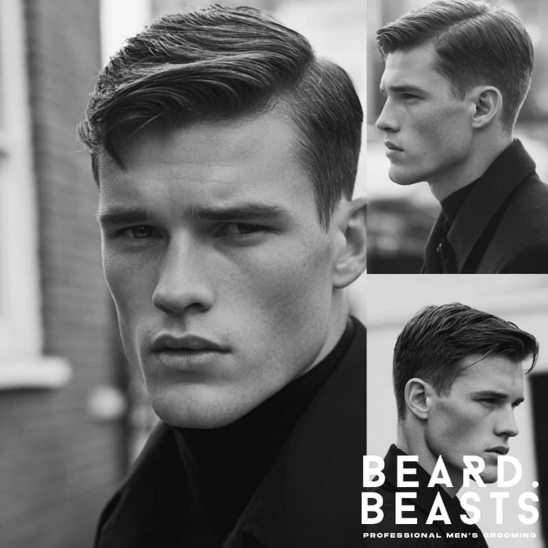 Black and white composite image showing a man with a classic Ivy League haircut from multiple angles, an ideal men's hairstyle for square face shapes.