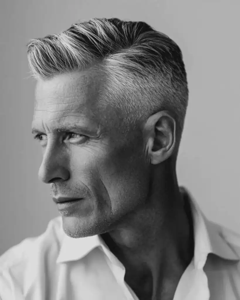 A black and white profile portrait of a distinguished older man with an Ivy League haircut, featuring neatly tapered sides and a short, side-swept top for a refined professional look.