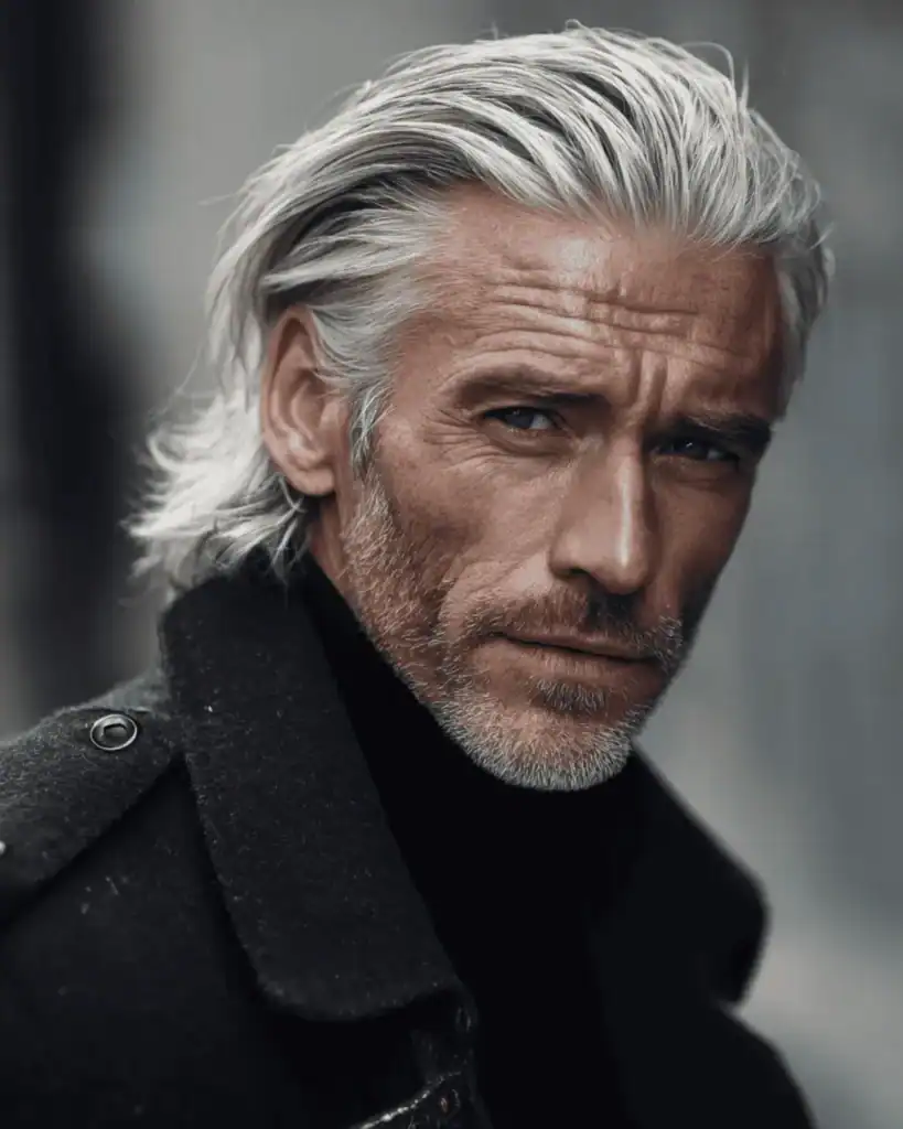 A portrait of a handsome older man with a long slick back hairstyle, featuring silver hair swept back from the face with a sleek, controlled finish and natural volume.