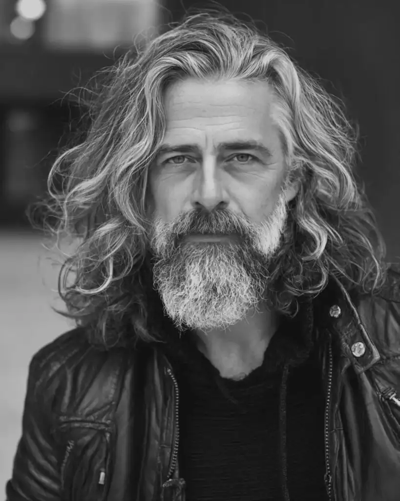 A portrait of a rugged older man with a long and wavy hairstyle paired with a thick, well-groomed full beard, wearing a leather jacket."
