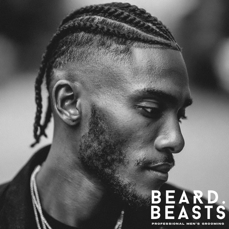 Young Black man with Shaved Sides Cornrows, featuring tightly braided hair on top and sharp shaved sides. A bold short on sides, long on top haircut blending cultural tradition with modern grooming.